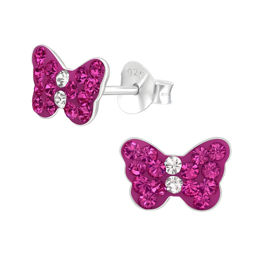 Butterfly sterling silver ear studs with crystals on a white background