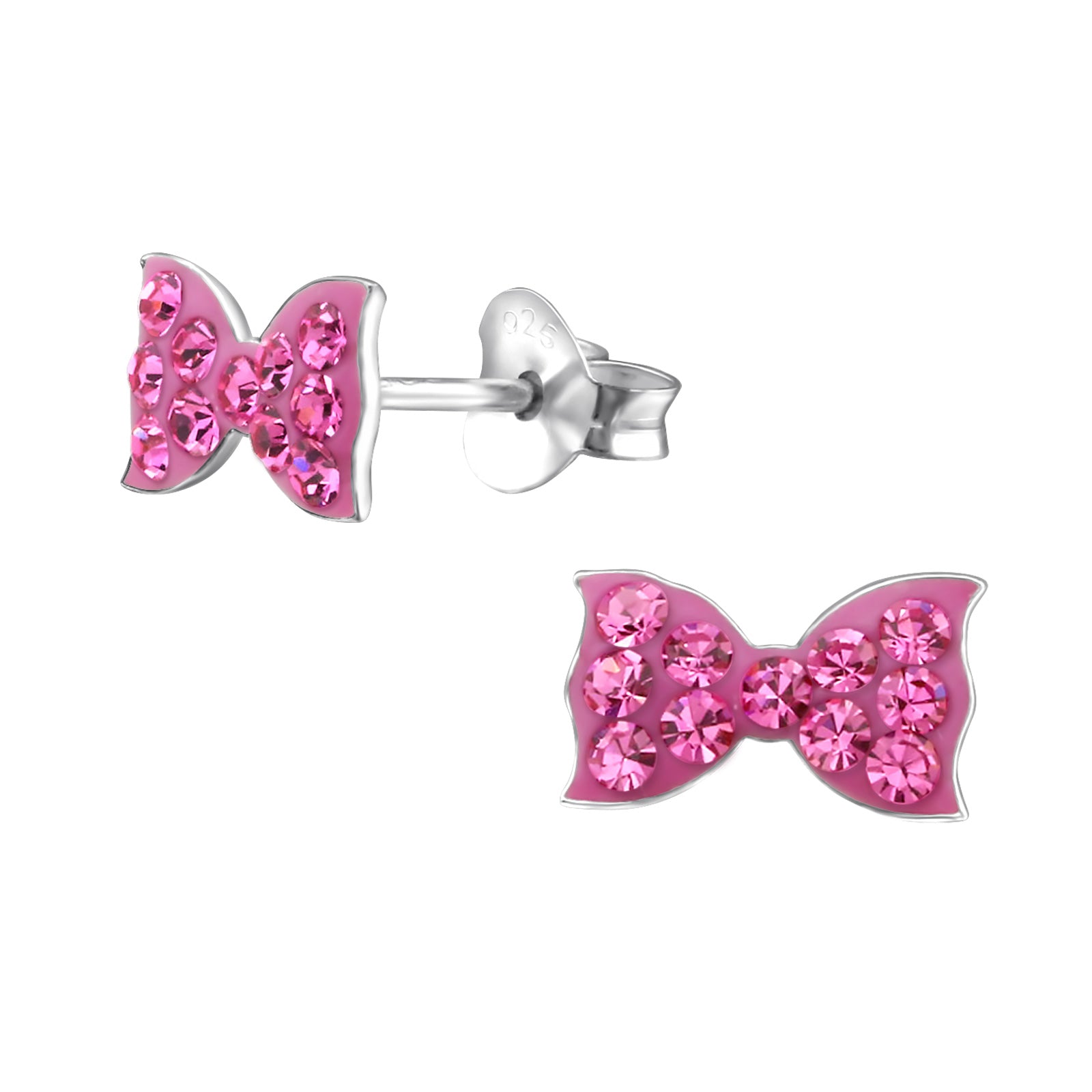 Ribbon crystal sterling silver children's ear studs on a white background.