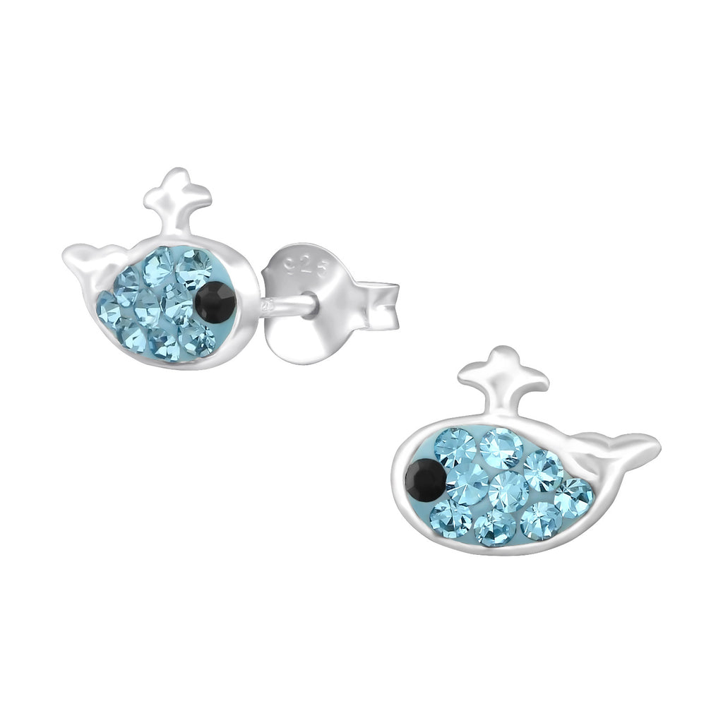 Whale sterling silver ear studs with crystals on a white background