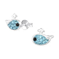 Whale sterling silver ear studs with crystals on a white background