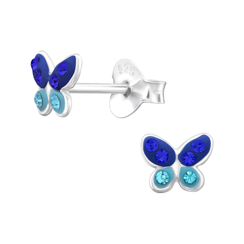 Butterfly crystal sterling silver children's ear studs on a white background.