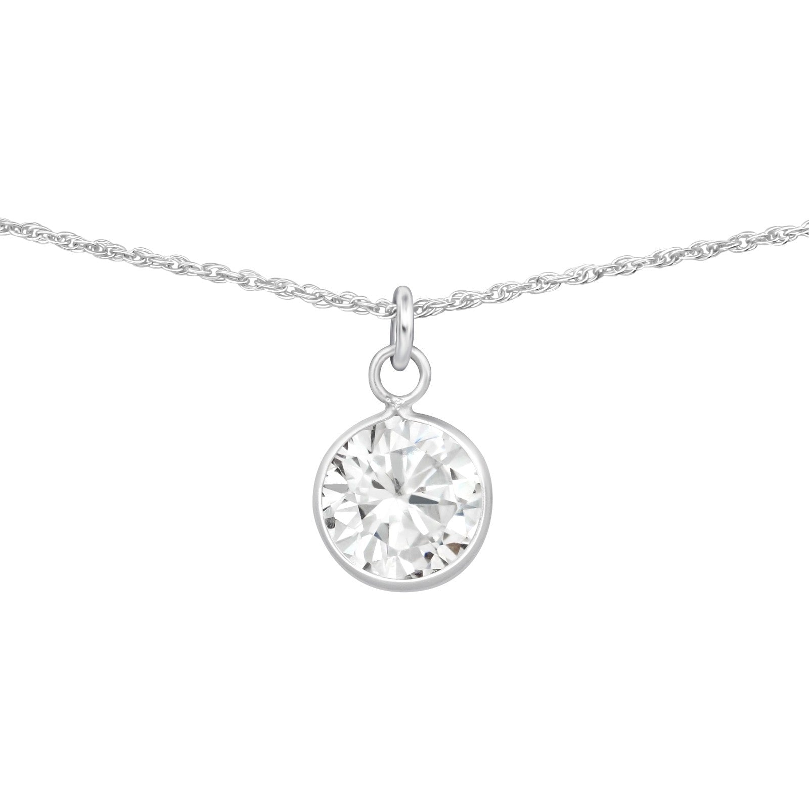 Round cubic zirconia sterling silver necklace on a white background.