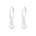 Hanging anchor sterling silver ear hoops with crystal on a white background