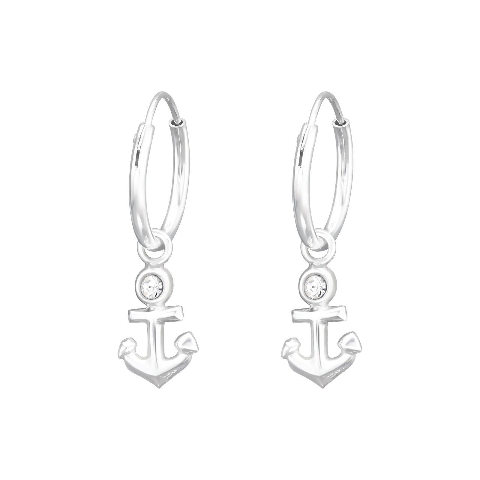 Hanging anchor sterling silver ear hoops with crystal on a white background