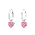 Heart crystal sterling silver children’s ear hoops on a white background