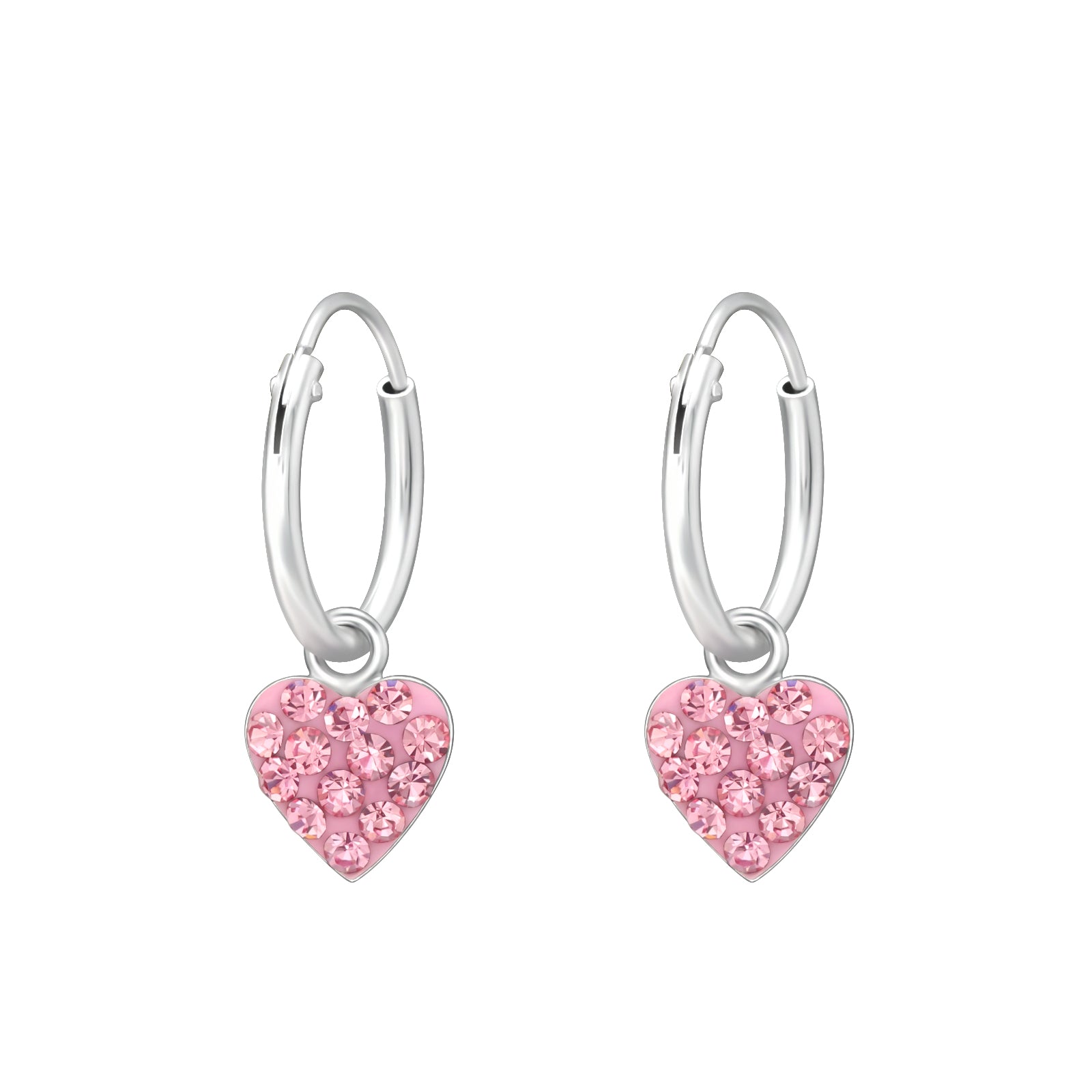 Heart crystal sterling silver children’s ear hoops on a white background