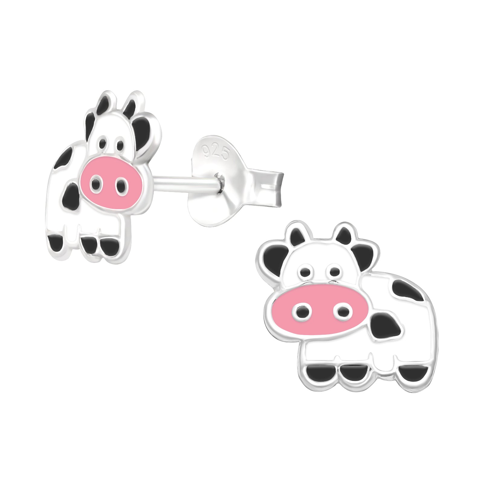 Cow sterling silver ear studs with epoxy on a white background