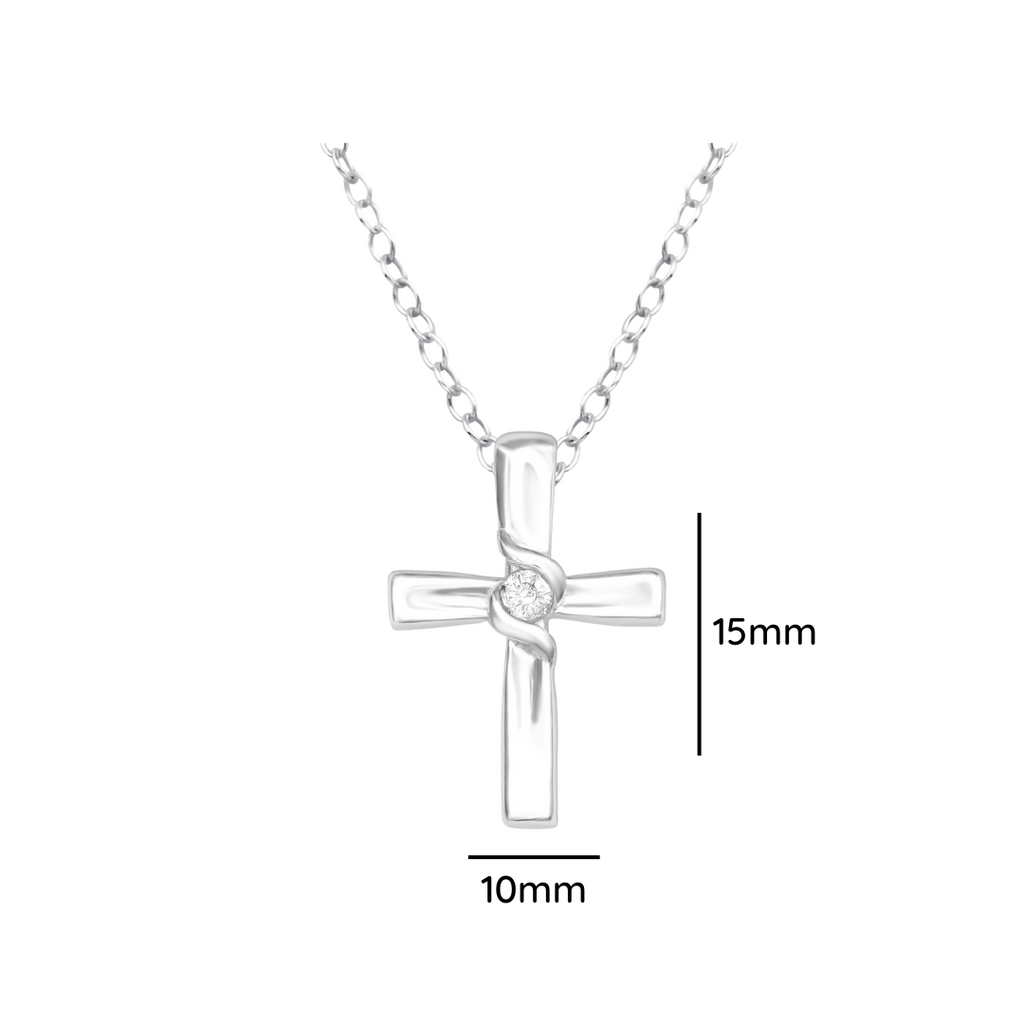 Cross sterling silver necklace with cubic zirconia shown with a size label on a white background