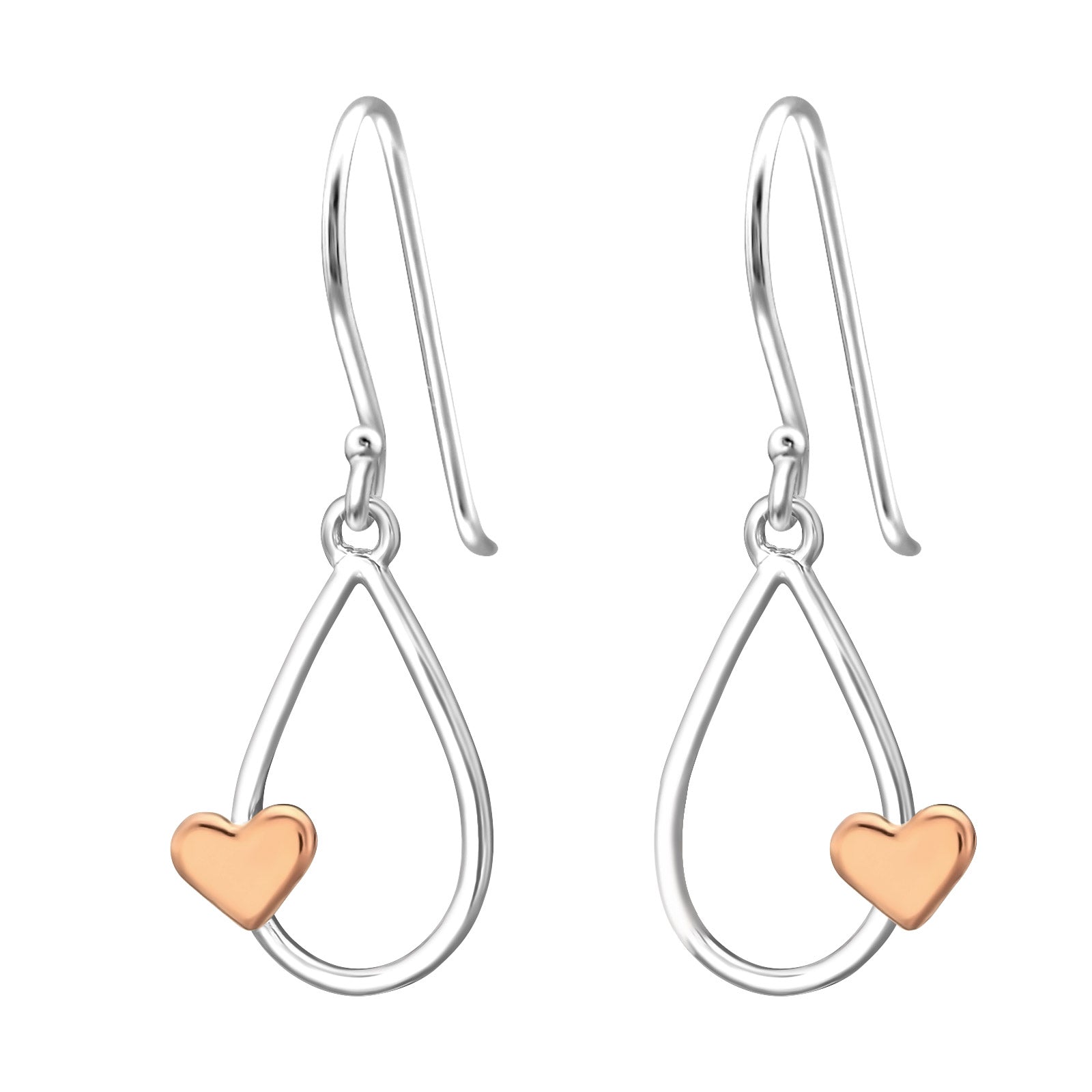 Teardrop sterling silver earrings with rose gold heart detail on a white background