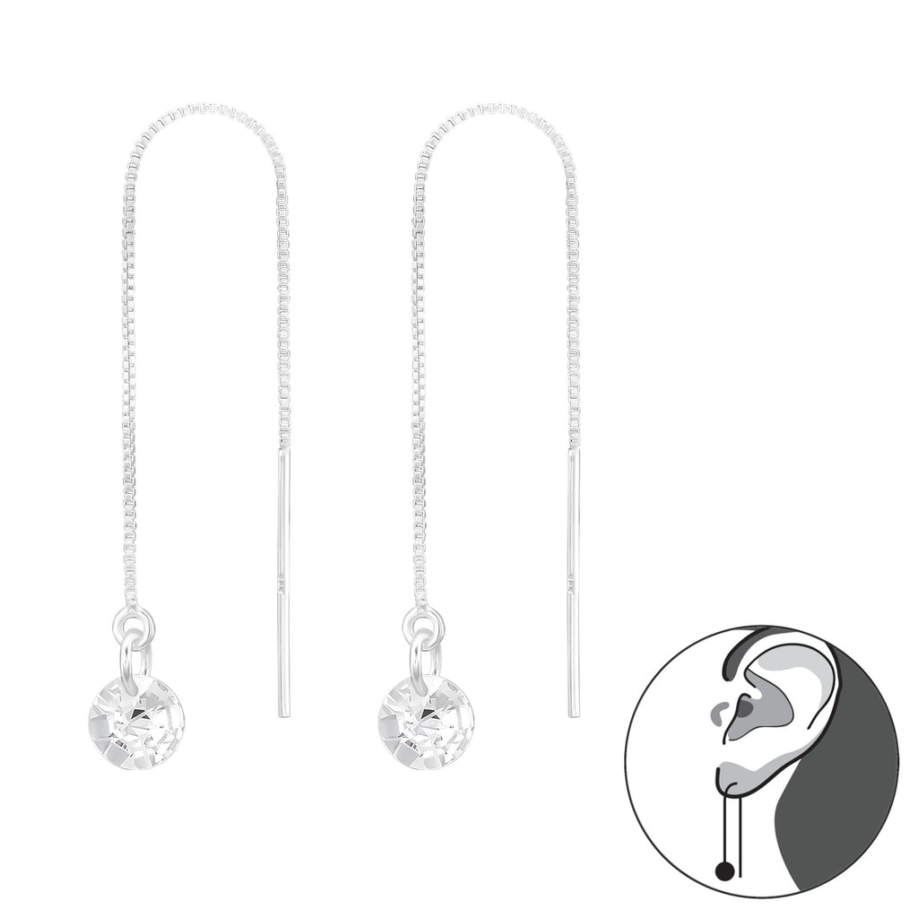 Thread Through Round Sterling Silver Earrings With Cubic Zirconia