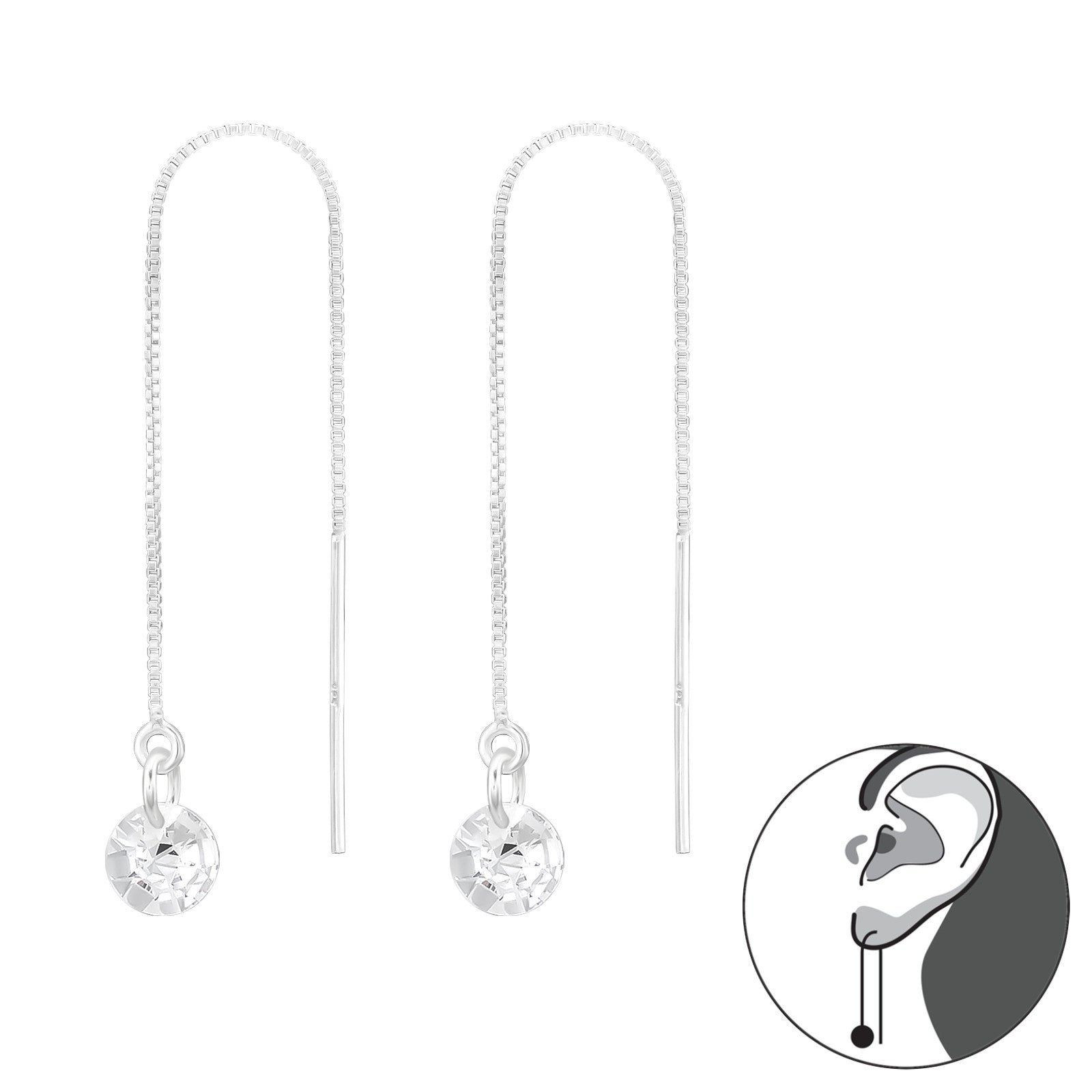 Thread Through Round Sterling Silver Earrings With Cubic Zirconia