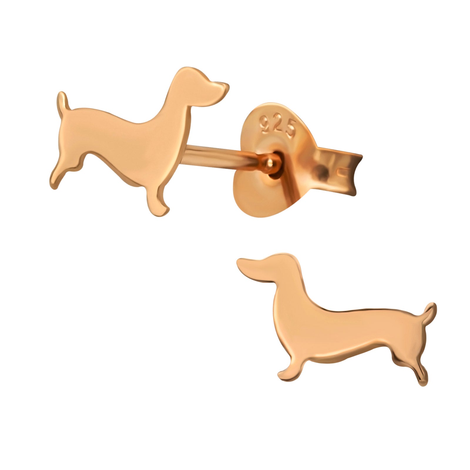 Dachshund rose gold ear studs on a white background