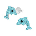 Dolphin sterling silver ear studs with crystal on a white background