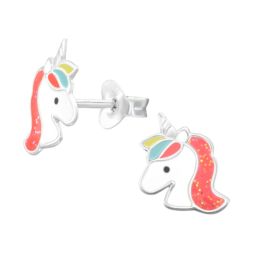 Unicorn sterling silver children's ear studs with epoxy details on a white background.