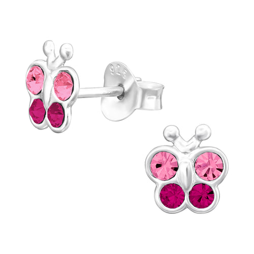 Butterfly sterling silver children’s ear studs with crystals on a white background