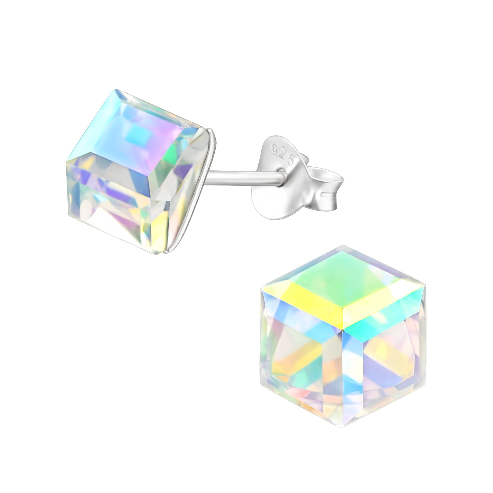 Cube sterling silver ear studs with crystal on a white background