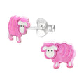 Sheep sterling silver children's ear studs with epoxy details on a white background.