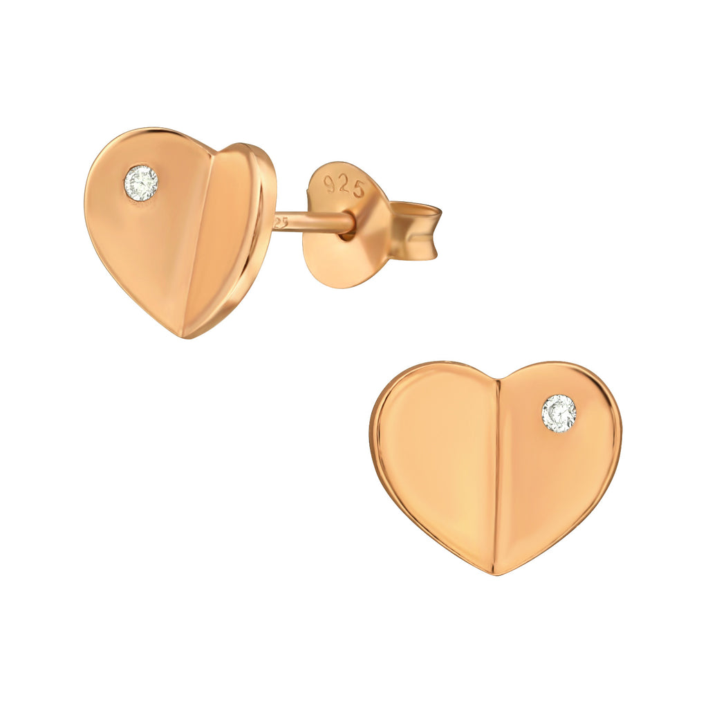 Folded heart rose gold ear studs with cubic zirconia on a white background