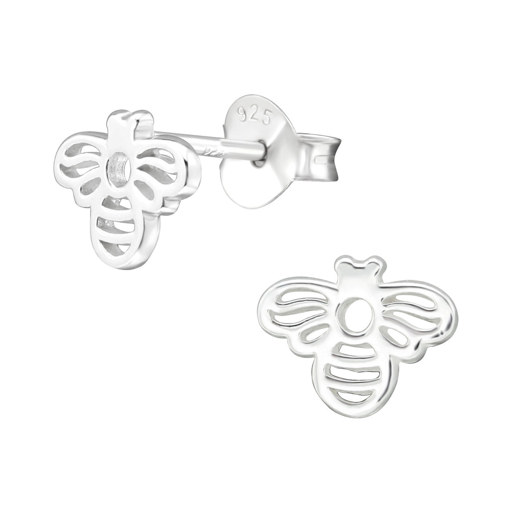 Bee sterling silver ear studs on a white background