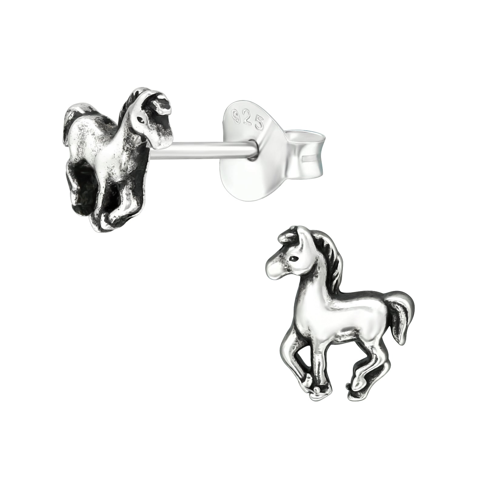 Horse sterling silver ear studs on a white background