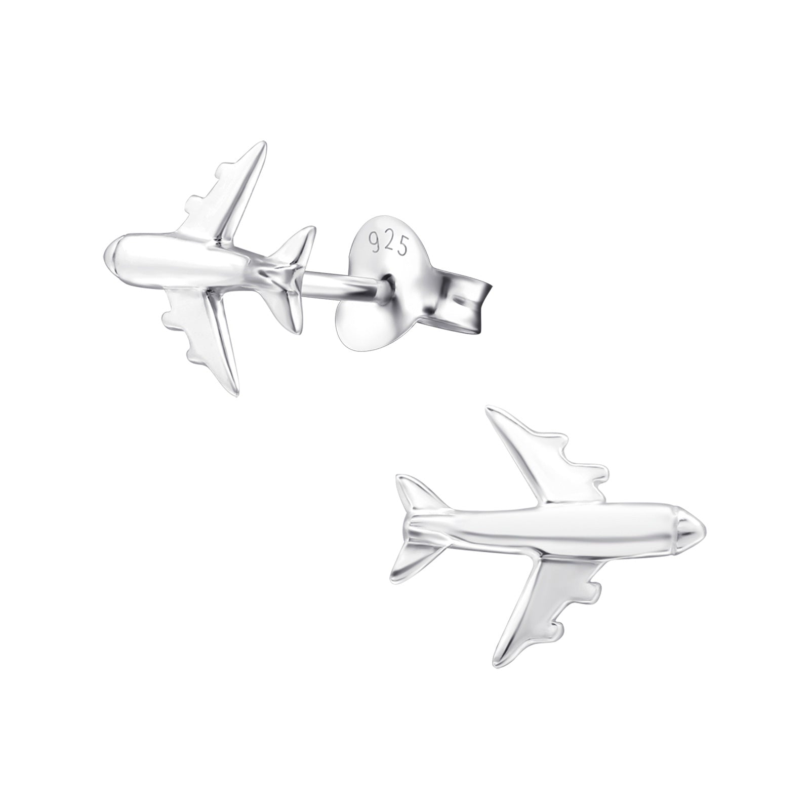 Airplane sterling silver ear studs on a white background