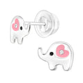 Elephant crystal sterling silver children’s ear studs with pink epoxy on a white background