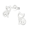 Cat sterling silver ear studs with cubic zirconia on a white background