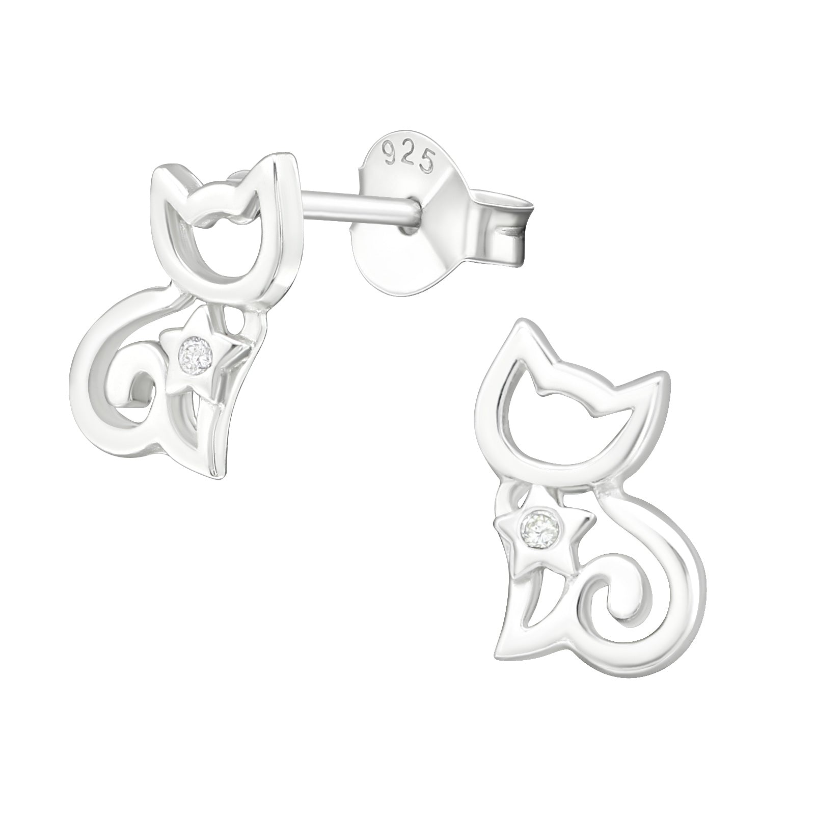 Cat Sterling Silver Ear Studs With Cubic Zirconia