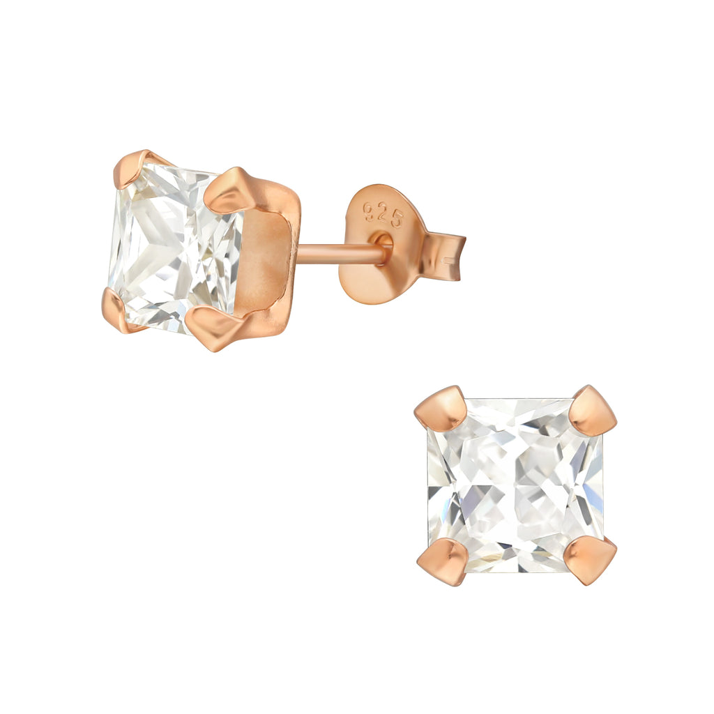 Square rose gold-plated sterling silver ear studs with cubic zirconia