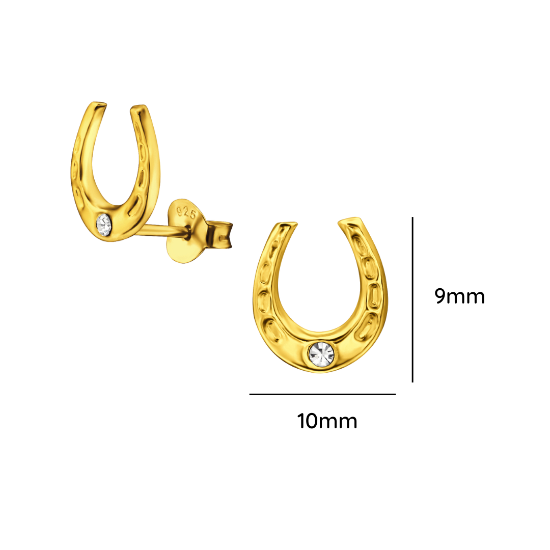 Horseshoe gold ear studs with crystal shown from an alternate angle