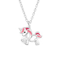 Unicorn cubic zirconia sterling silver children's necklace with pink epoxy details on a white background.