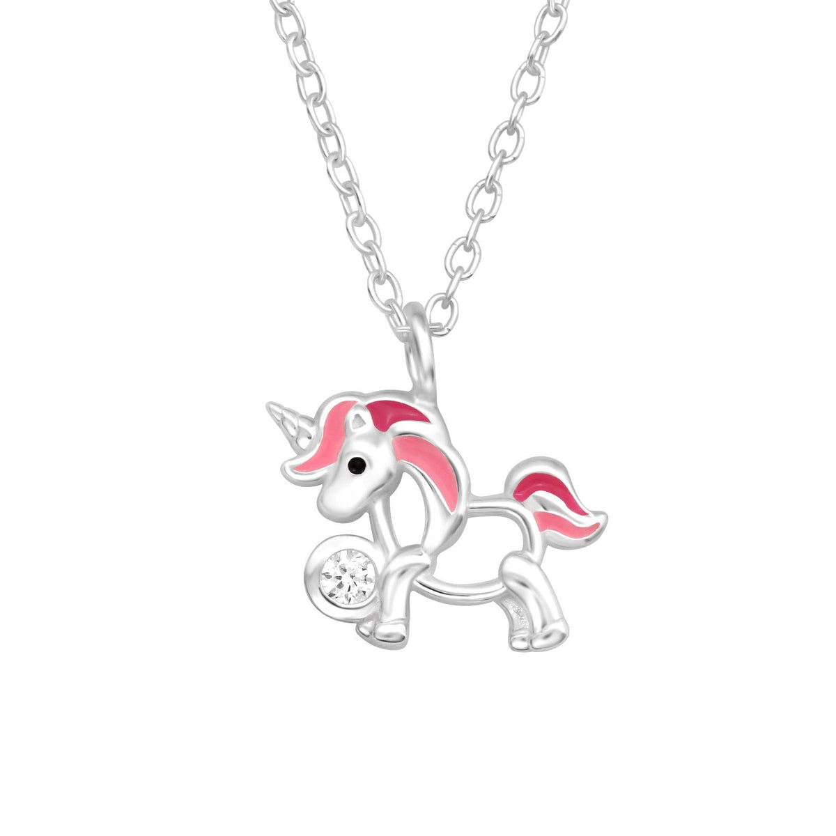 Unicorn cubic zirconia sterling silver children's necklace with pink epoxy details on a white background.
