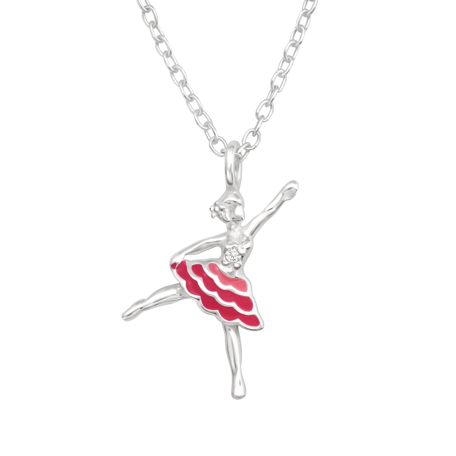 Ballerina cubic zirconia sterling silver children’s necklace with pink epoxy on a white background