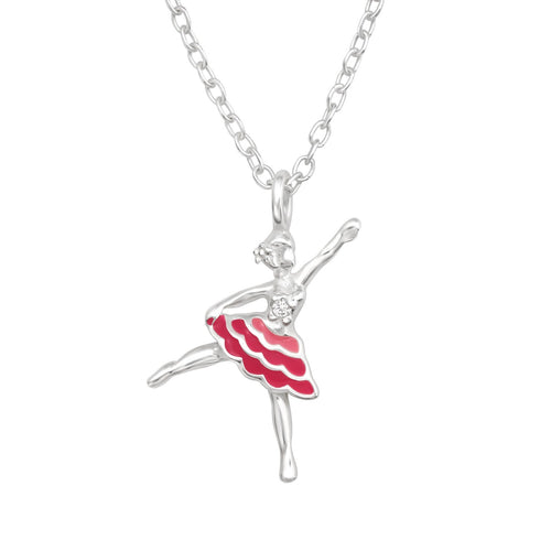 Ballerina cubic zirconia sterling silver children’s necklace with pink epoxy on a white background