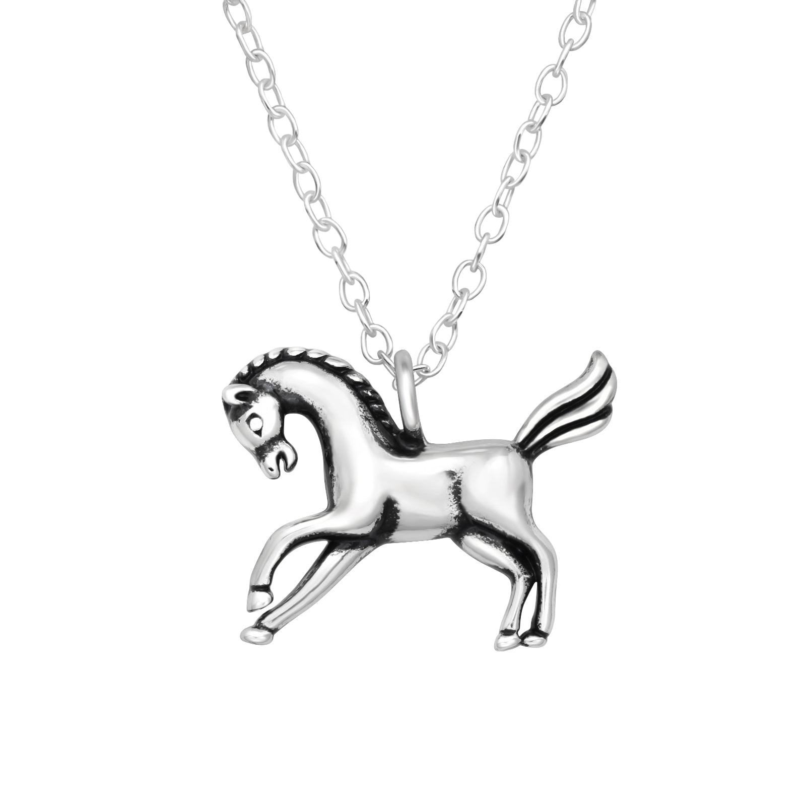Horse oxidised sterling silver necklace on a white background