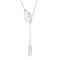 Leaf feather sterling silver Y necklace on a white background