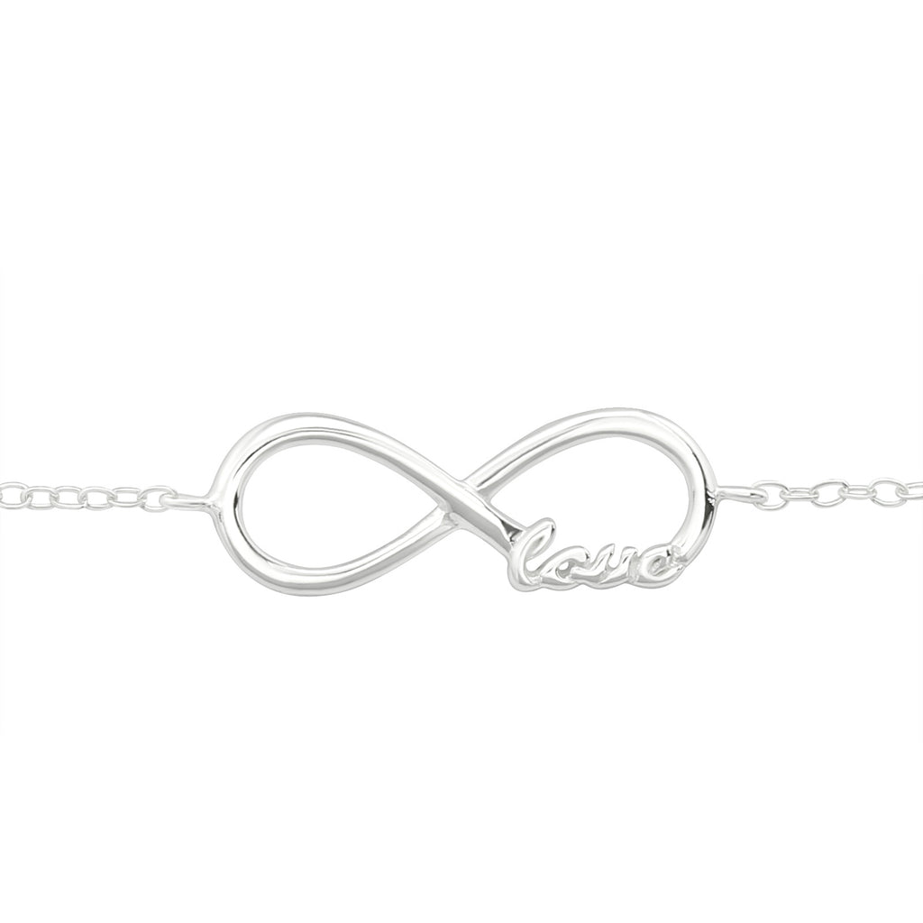 Love Infinity sterling silver bracelet on a white background