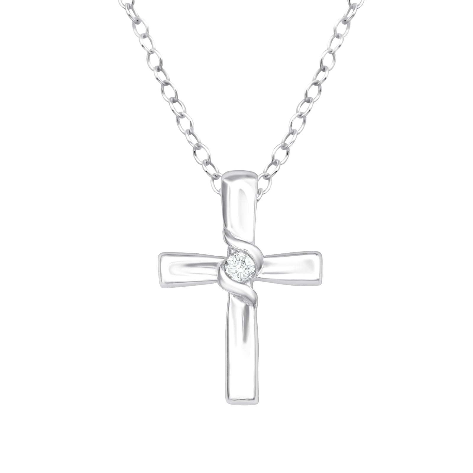 Cross sterling silver necklace with cubic zirconia on a white background