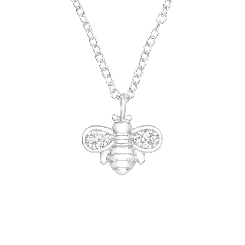Bee sterling silver necklace with cubic zirconia on a white background