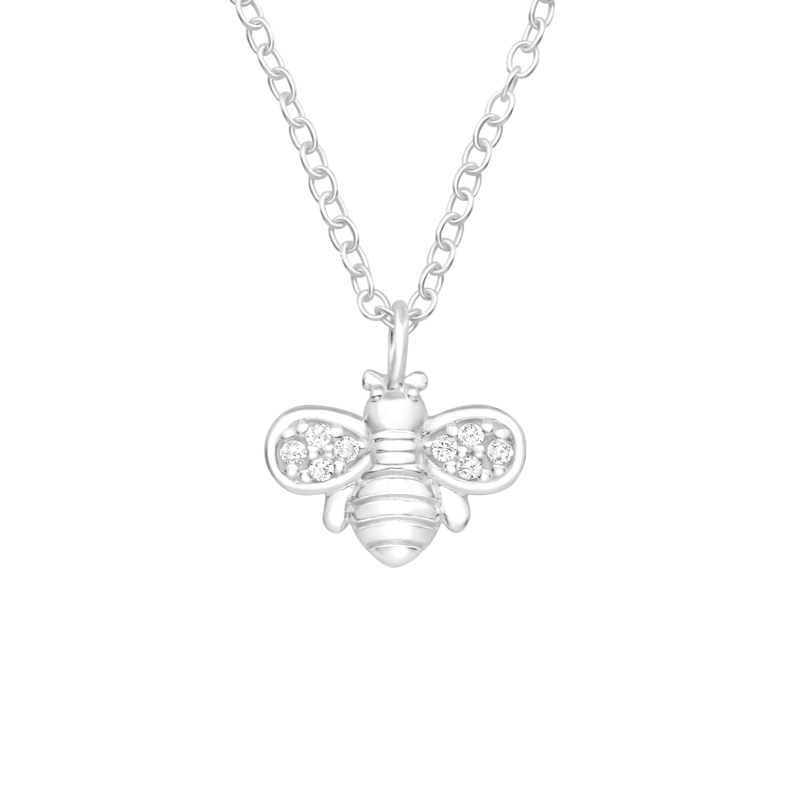 Bee sterling silver necklace with cubic zirconia on a white background