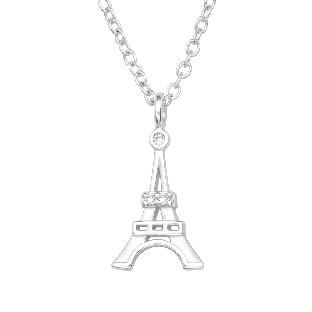 Eiffel Tower cubic zirconia sterling silver necklace on a white background