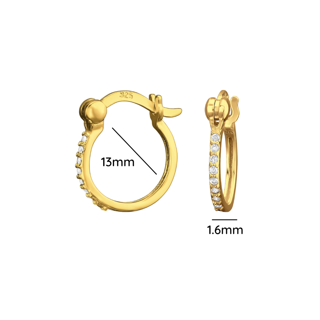 Gold plated French lock ear hoops with cubic zirconia shown from an alternate angle