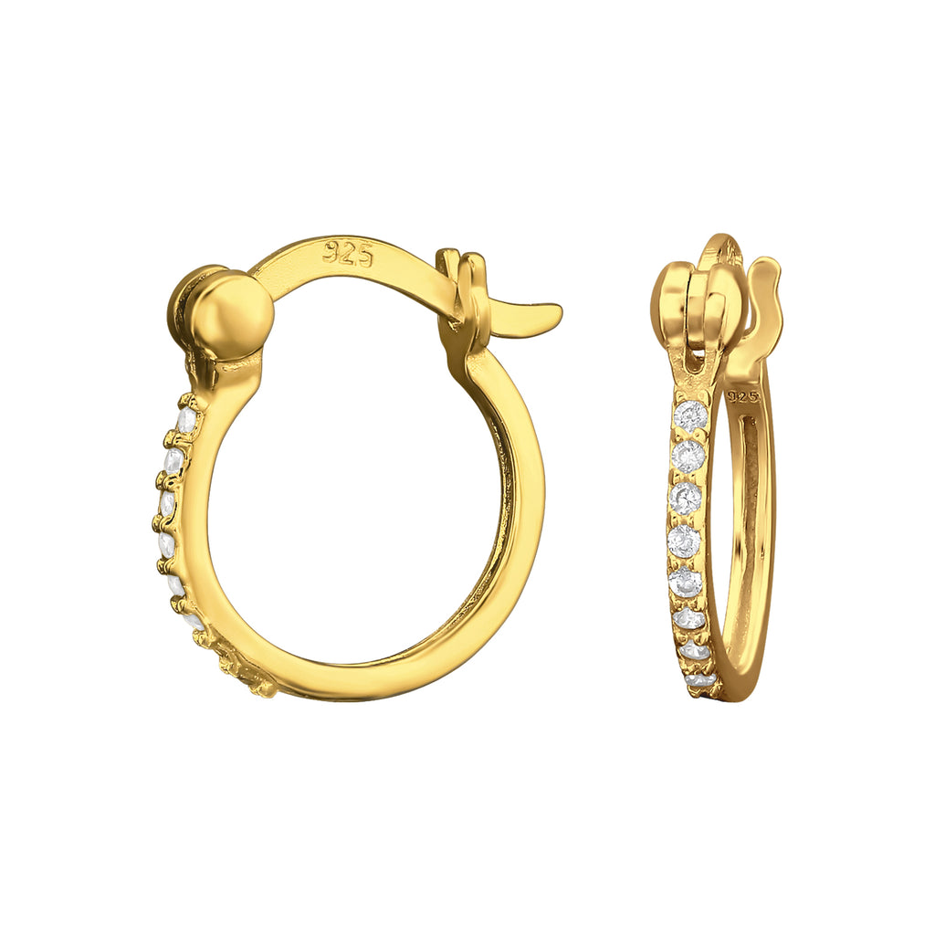Gold plated French lock ear hoops with cubic zirconia on a white background