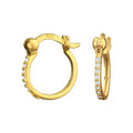 Gold plated French lock ear hoops with cubic zirconia on a white background