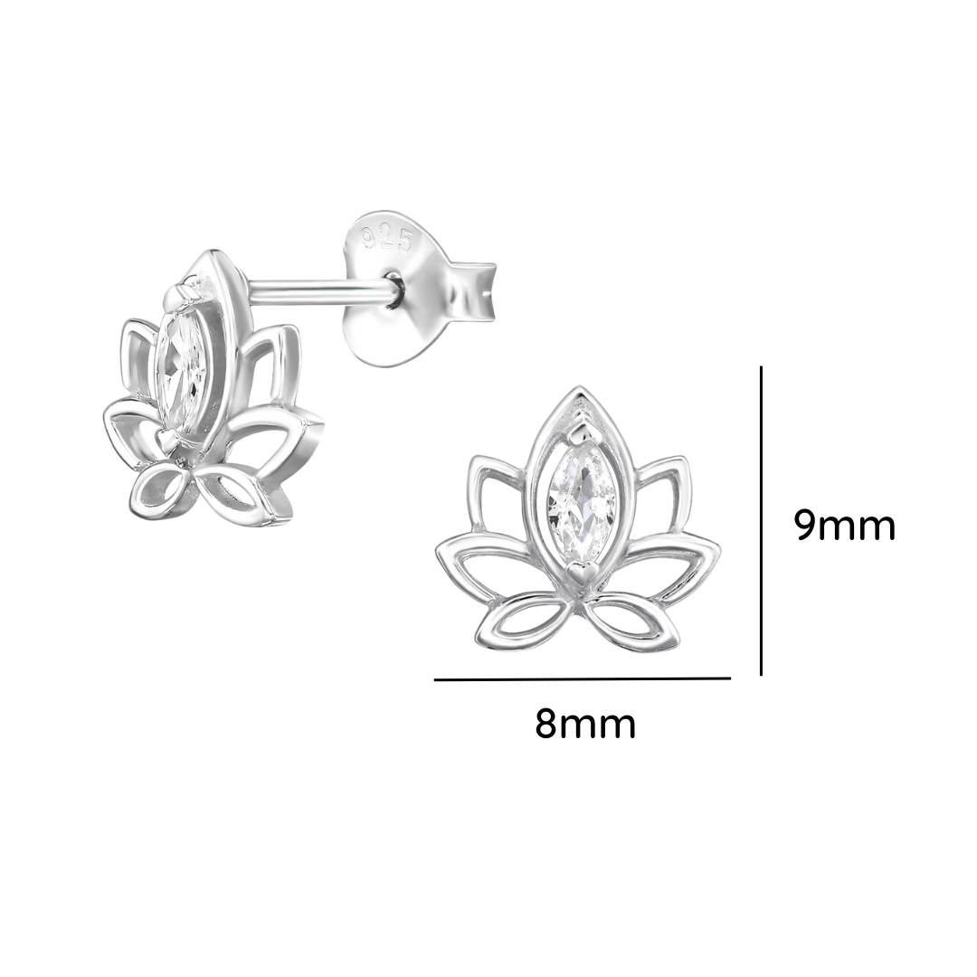 Lotus Flower Sterling Silver Ear Studs With Cubic Zirconia