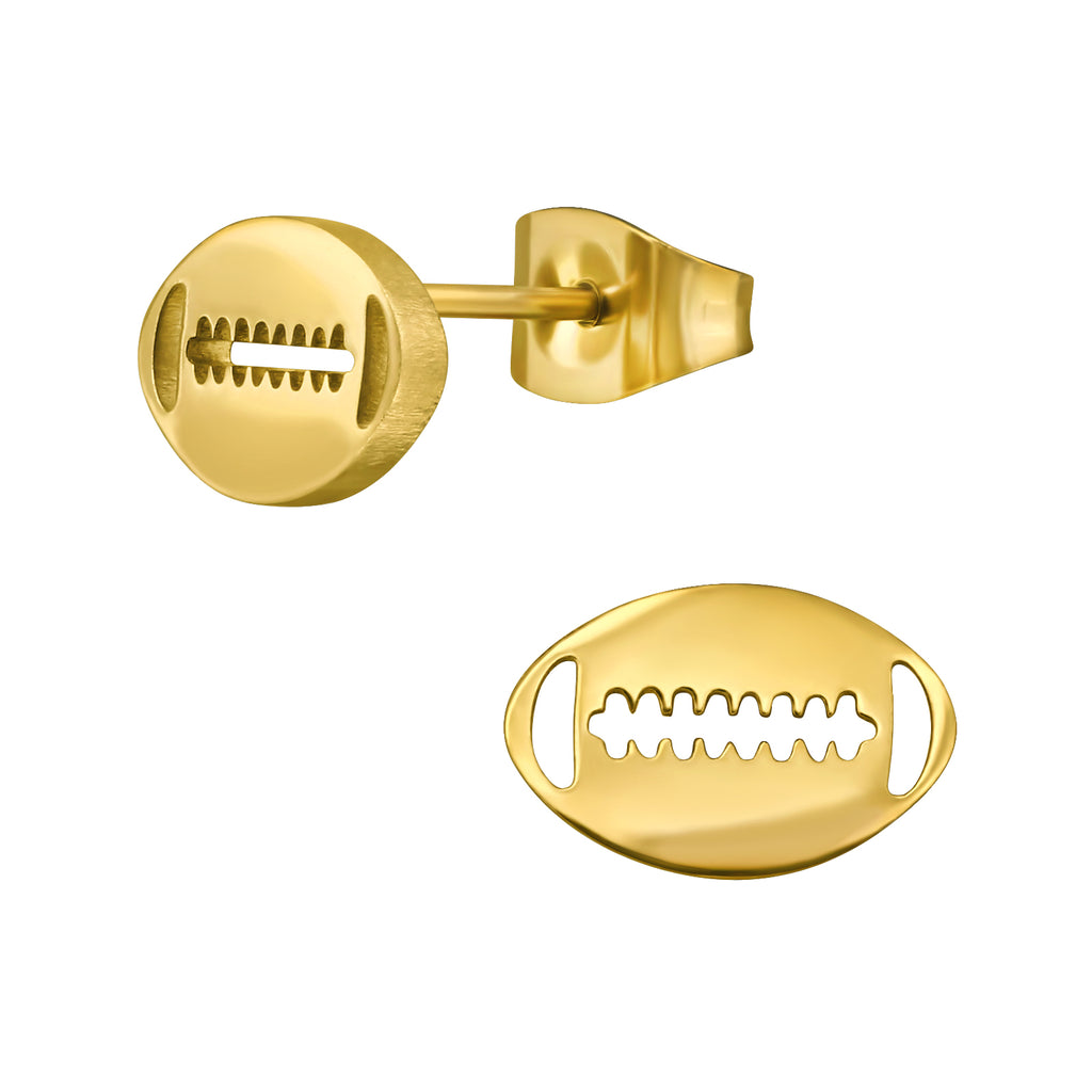 Gold-plated rugby-ball stainless steel ear studs on a white background
