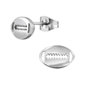 Rugby-ball stainless steel ear studs on a white background