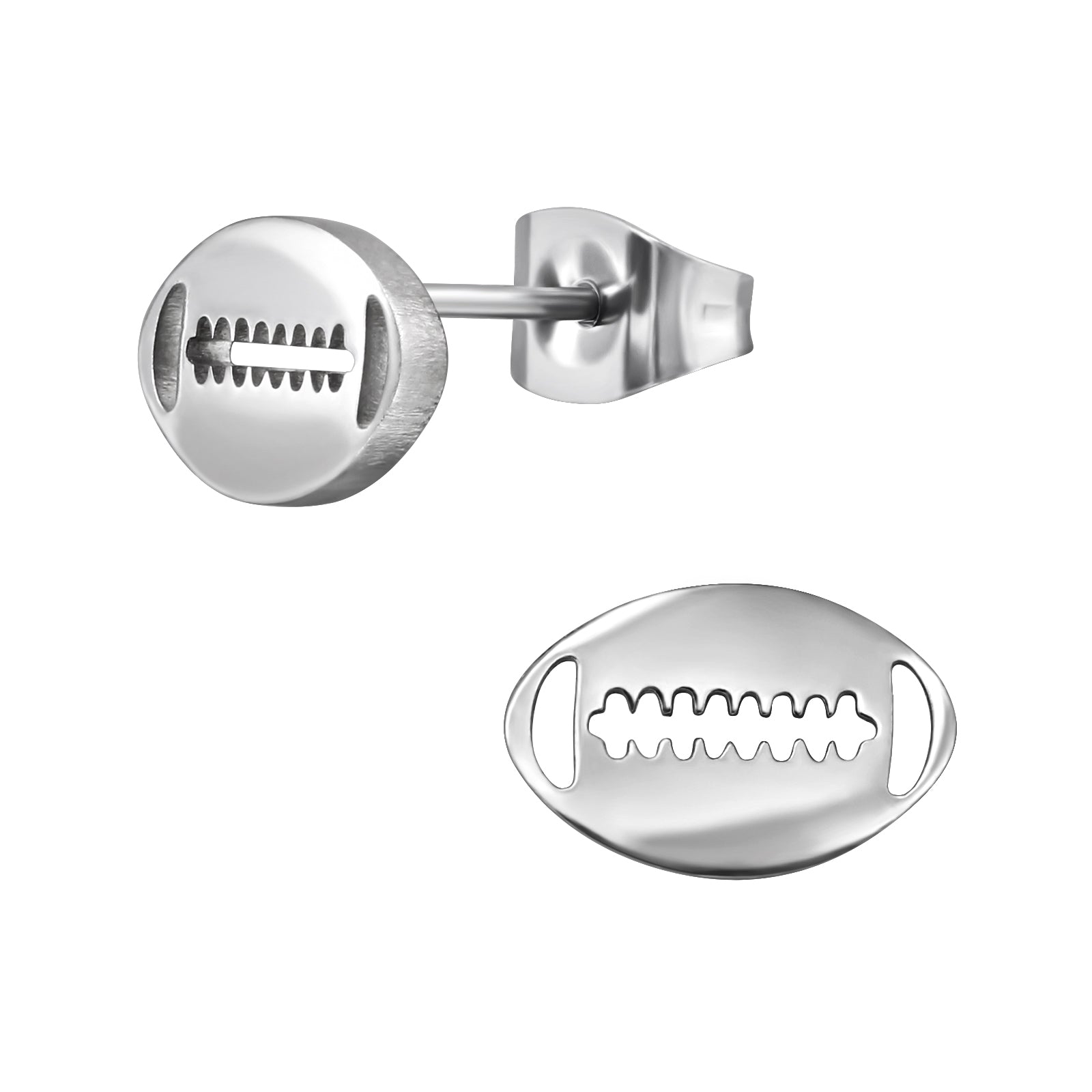 Rugby-ball stainless steel ear studs on a white background