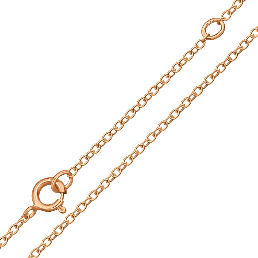 Rose gold chain necklace with clasp on a white background