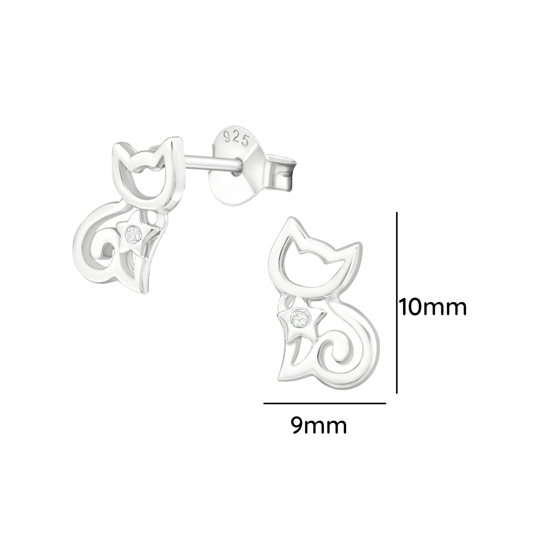 Cat Sterling Silver Ear Studs With Cubic Zirconia